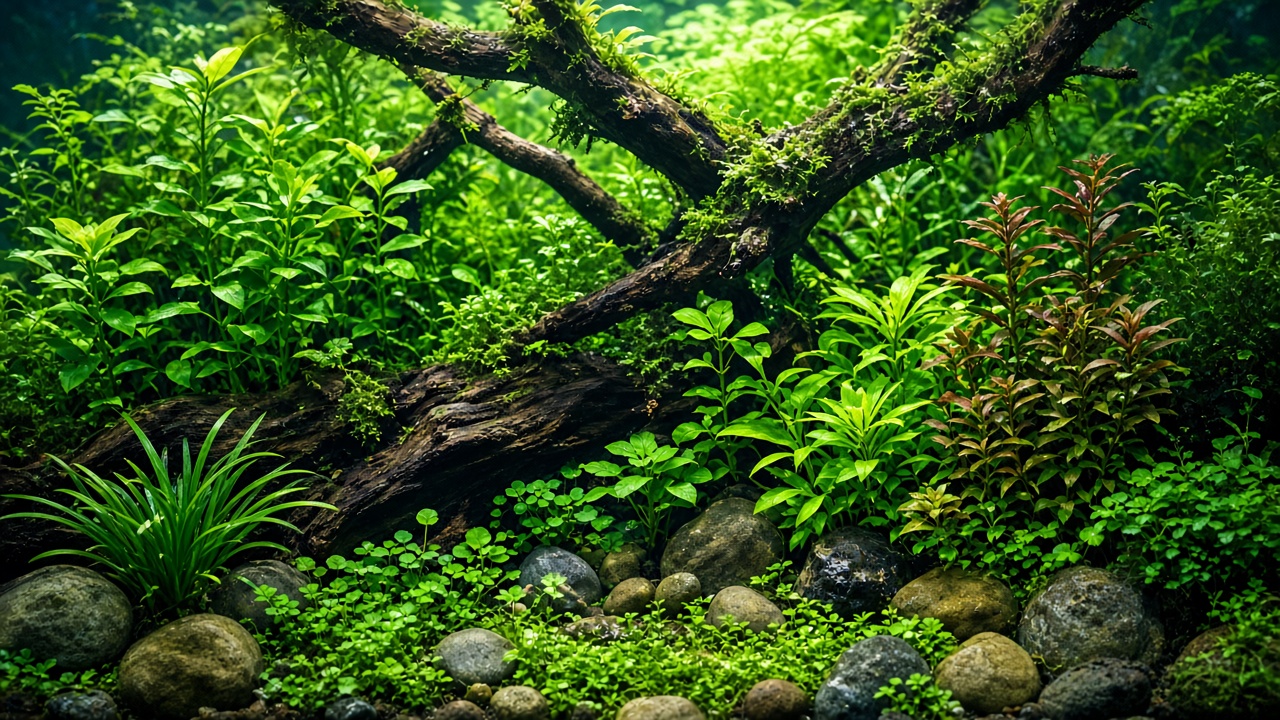 Planted freshwater aquarium with healthy ornamental fish